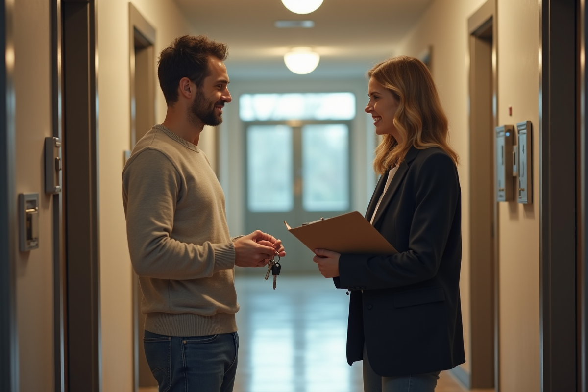 Jeune homme remettant des clés à une femme avec un clipboard