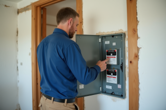 Électricien vérifiant un disjoncteur dans un panneau électrique résidentiel