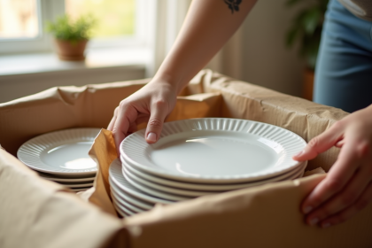 Personne emballant des assiettes en porcelaine dans du papier kraft