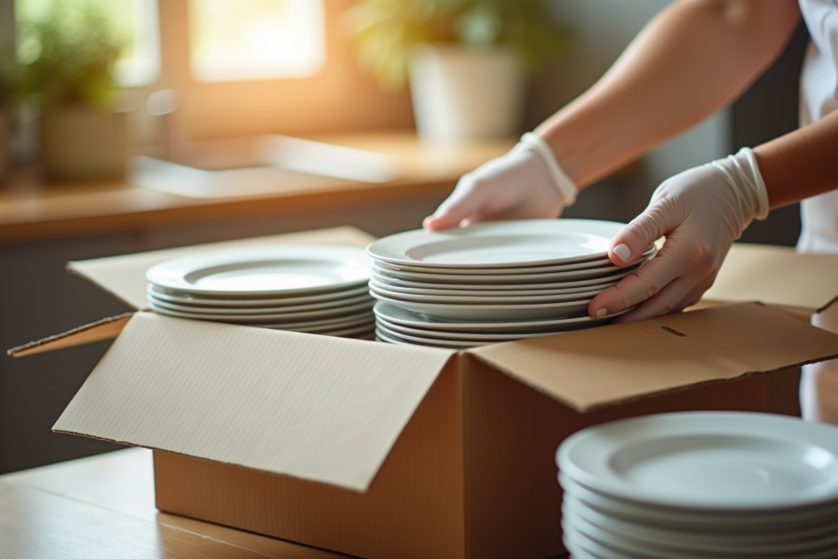 Mains ajustant des assiettes dans une boîte de déménagement