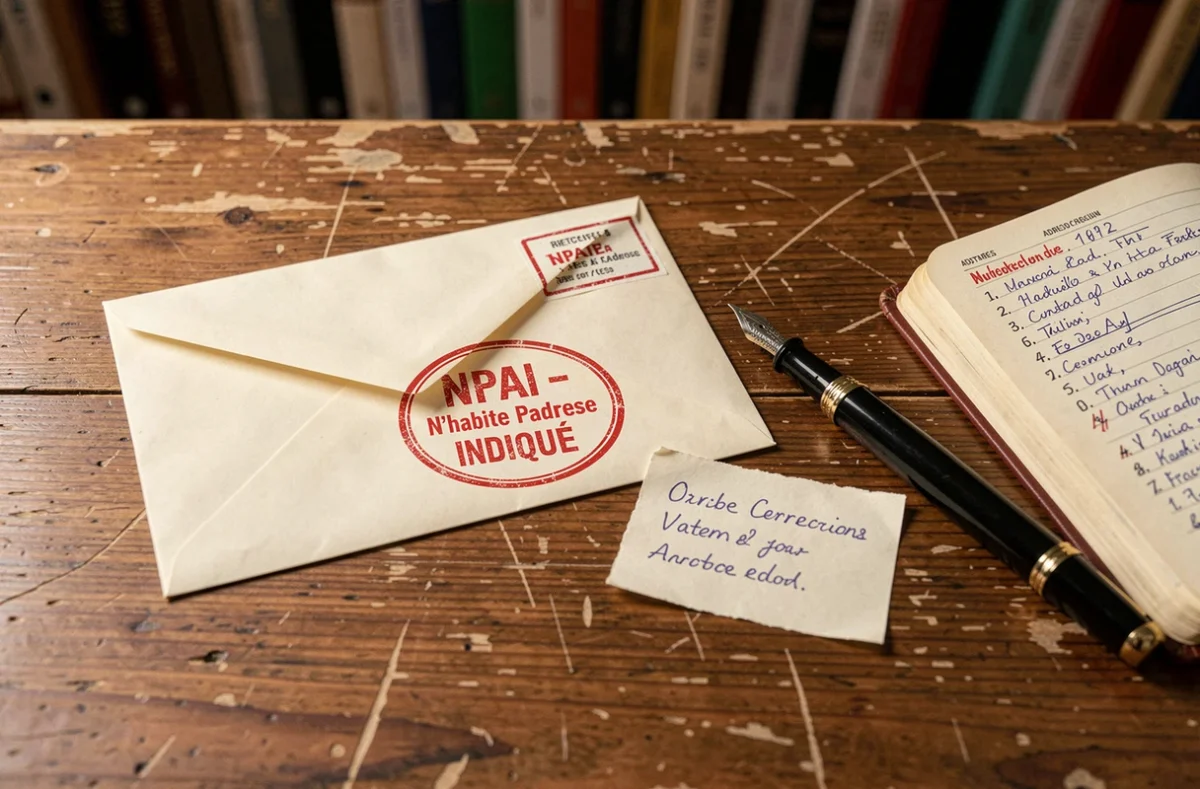 Enveloppe tamponnée NPAI sur un bureau en bois avec stylo et carnet d'adresses, vue de dessus