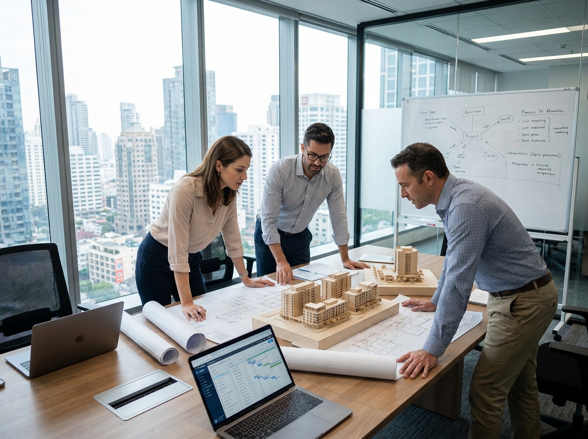 Équipe de project management immobilier en réunion autour de plans architecturaux et maquettes dans une salle de conférence moderne