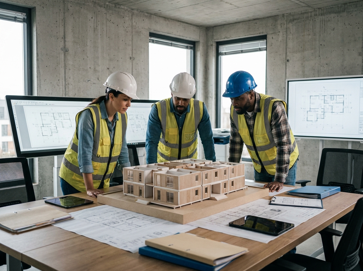 Équipe de professionnels de la construction discutant d'un projet de bâtiment modulaire autour d'une maquette en bureau