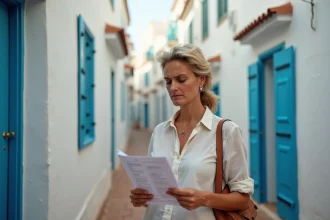 Femme expatriée lisant un contrat de location dans une ruelle de la médina d'Essaouira