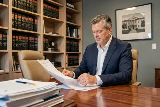 Conseiller immobilier de prestige analysant des documents d'estimation et de fiscalité dans un bureau de notaire moderne