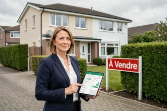 Femme tenant une tablette affichant une estimation immobilière gratuite devant une maison à vendre