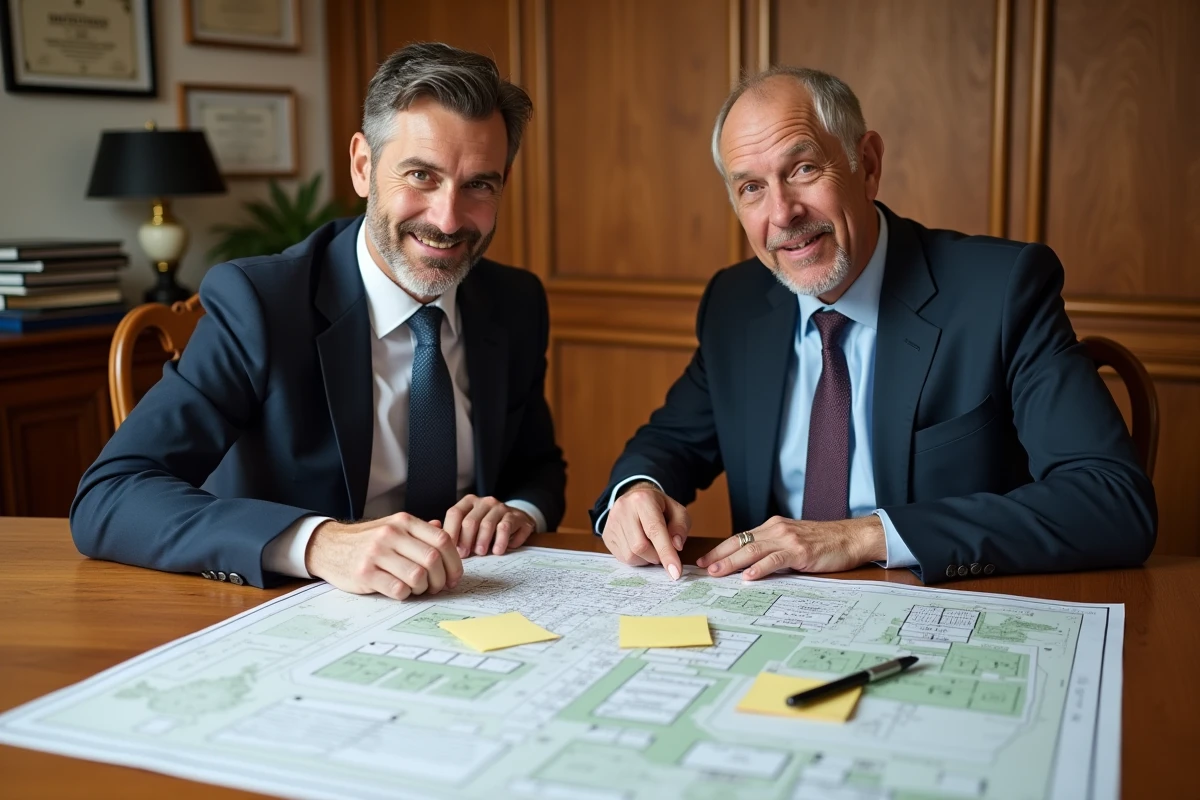 Deux professionnels de l'immobilier étudiant un plan cadastral local dans un bureau de notaire avant la signature d'un compromis