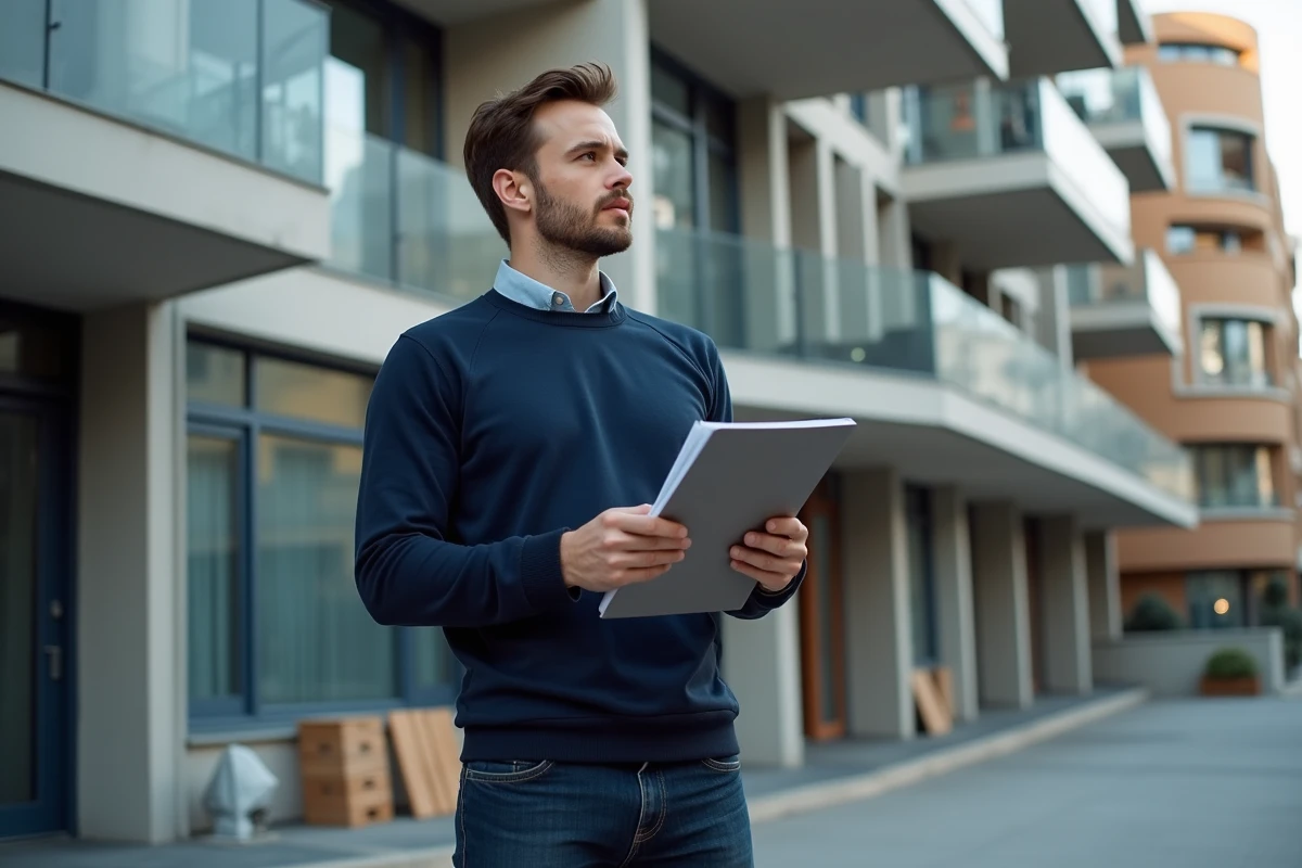 Jeune homme étudiant devant un immeuble résidentiel à vendre tenant des documents de prêt immobilier