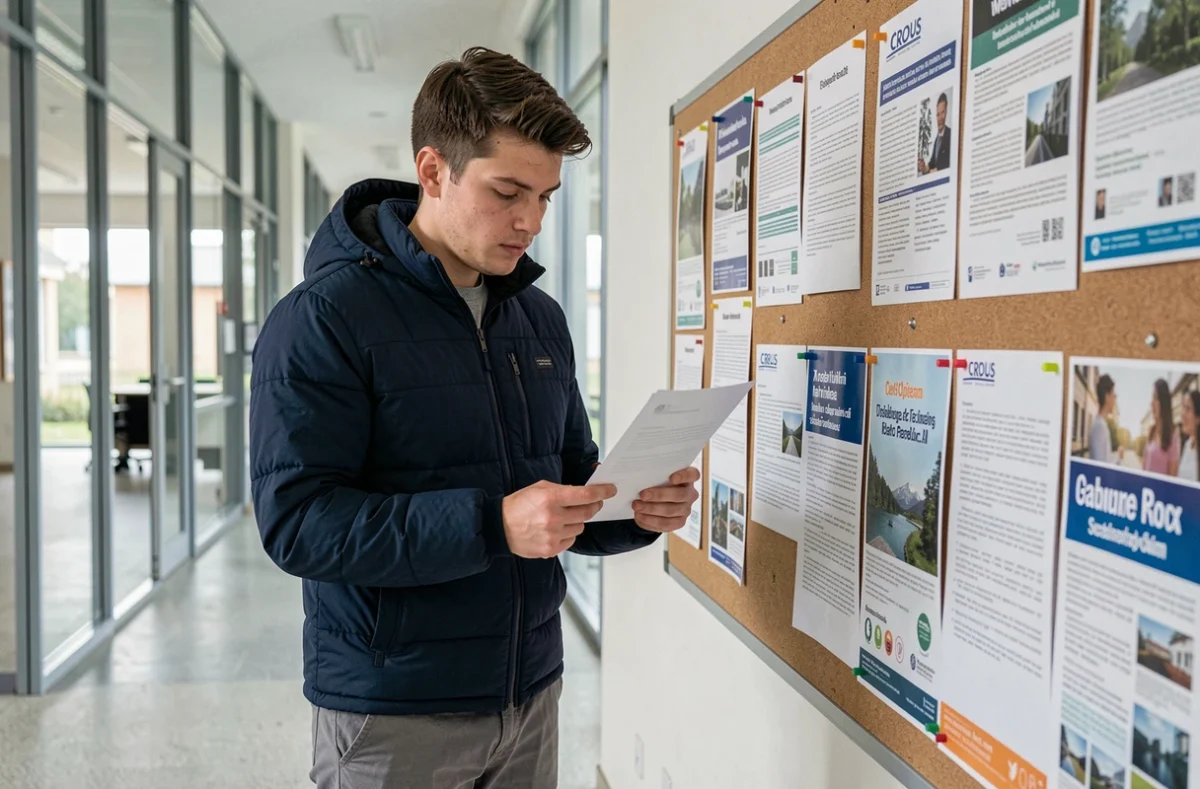 Étudiant consultant une lettre de code locataire CROUS devant un panneau d'affichage universitaire dans un couloir de campus