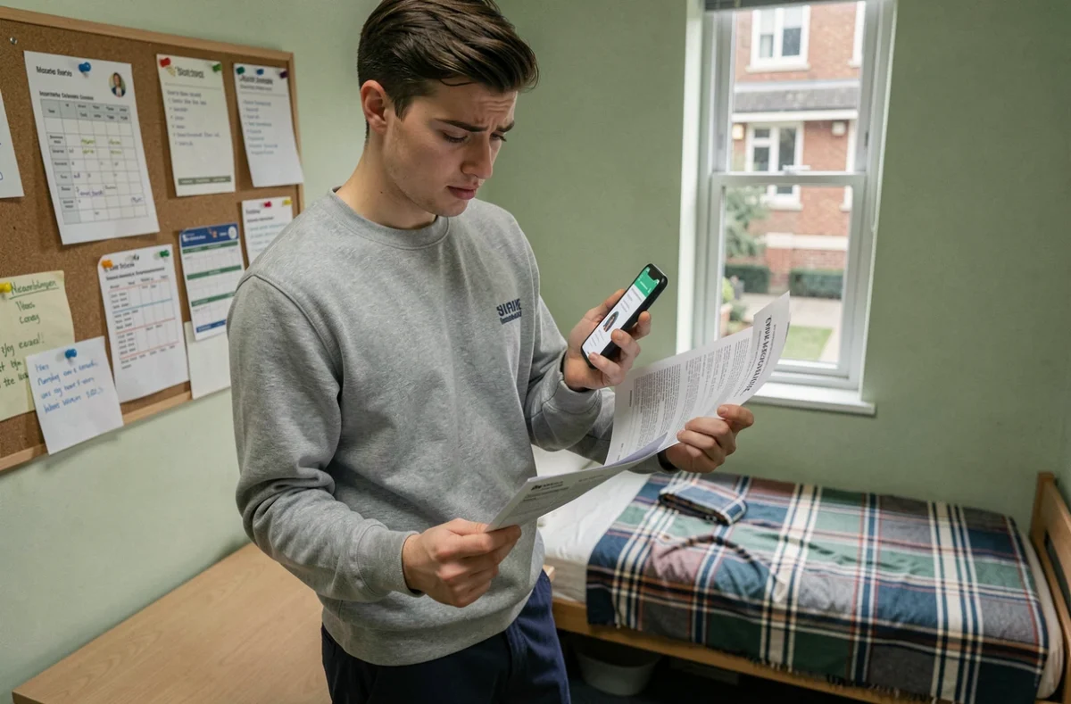 Étudiant en résidence universitaire comparant des offres d'assurance habitation sur son smartphone