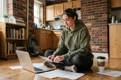 Étudiante assise sur le sol de son studio en train de comparer des formules d'assurance habitation étudiant