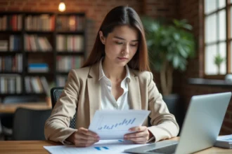 Jeune étudiante analysant des documents de prêt immobilier sur son bureau avec un ordinateur portable affichant des graphiques financiers