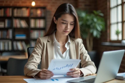 Jeune étudiante analysant des documents de prêt immobilier sur son bureau avec un ordinateur portable affichant des graphiques financiers