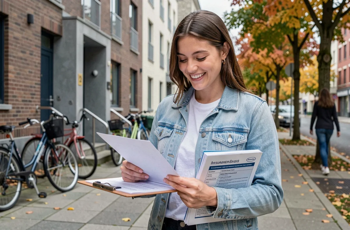 Étudiante signant un contrat de location avec son attestation d'assurance habitation devant un immeuble