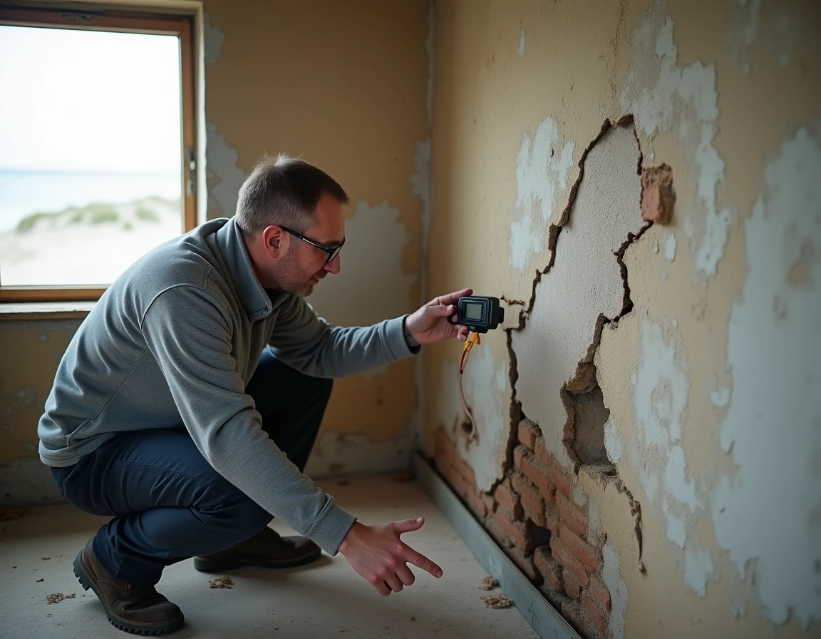 Expert immobilier mesurant l'humidité dans les murs d'une maison normande ancienne avant achat
