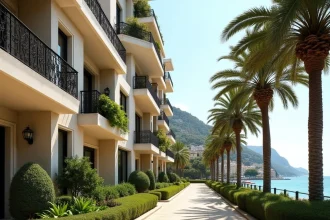 Façade résidentielle moderne du quartier Monte Carlo Sun à Monaco avec balcons en fer forgé et végétation méditerranéenne luxuriante