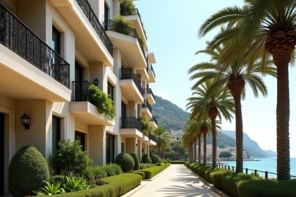 Façade résidentielle moderne du quartier Monte Carlo Sun à Monaco avec balcons en fer forgé et végétation méditerranéenne luxuriante