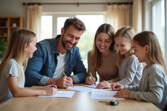Famille signant un contrat d'assurance maison dans un salon lumineux