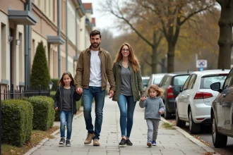 Famille se promenant dans le Quartier Nord de Villeneuve-Saint-Georges, le long d'une rue résidentielle bordée d'arbres
