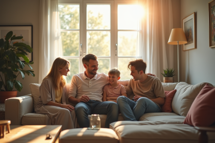 Famille heureuse dans un salon lumineux et moderne