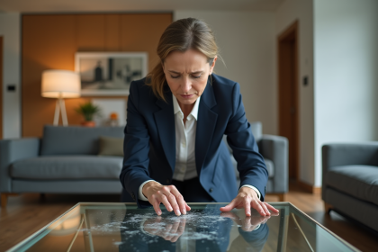 Femme d affaires examinant une table en verre endommagée dans un salon moderne