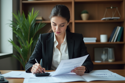 Femme d'affaires examinant des documents financiers dans un bureau