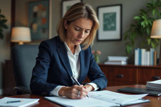 Femme d affaires en costume navy examine un document financier