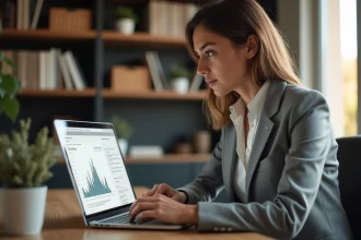 Femme analysant l'historique de prix d'un bien immobilier sur un ordinateur portable avec Castorus pour négocier