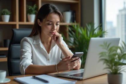 Femme en tenue smart casual travaillant sur ordinateur et smartphone