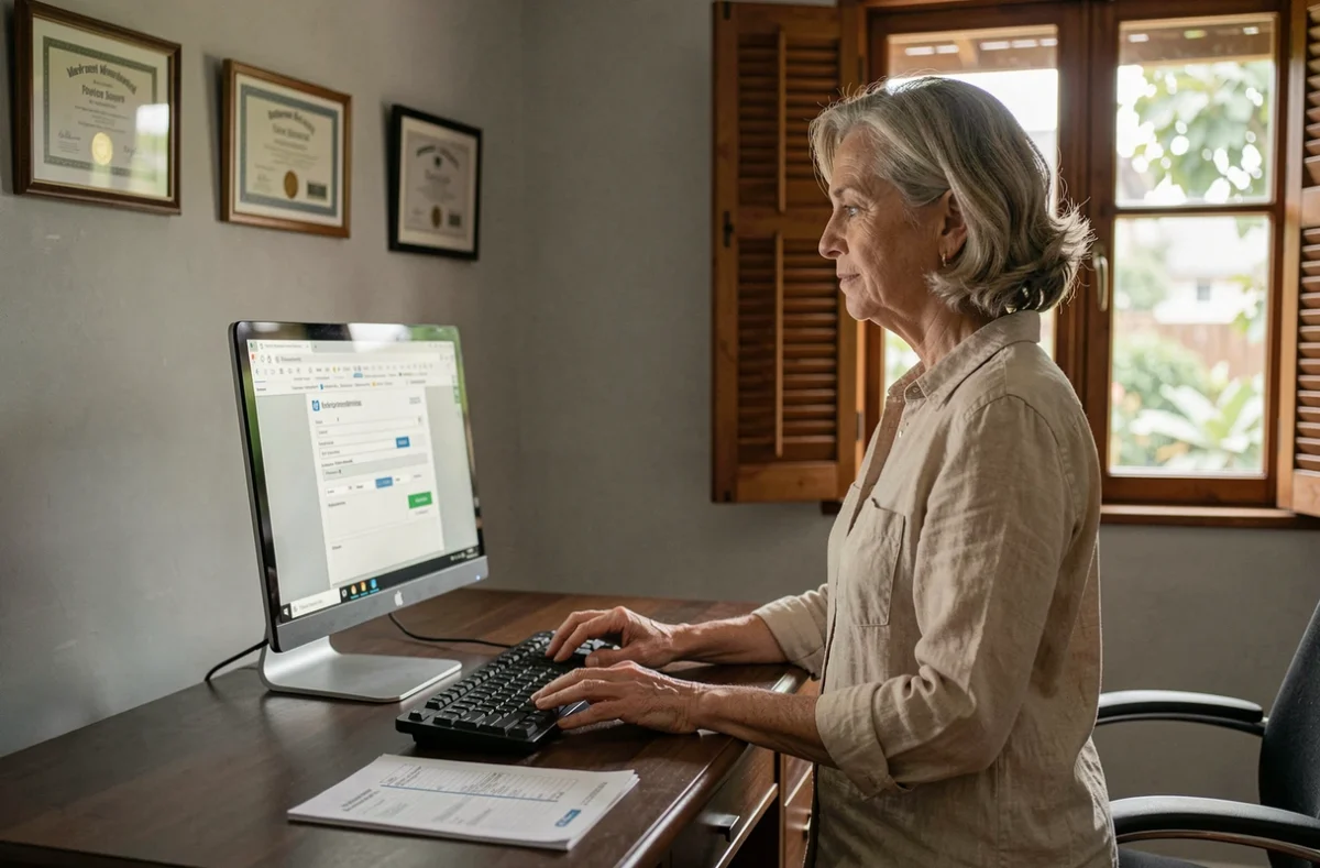 Femme adulte téléchargeant des documents pour souscrire une assurance habitation en ligne depuis son bureau à domicile