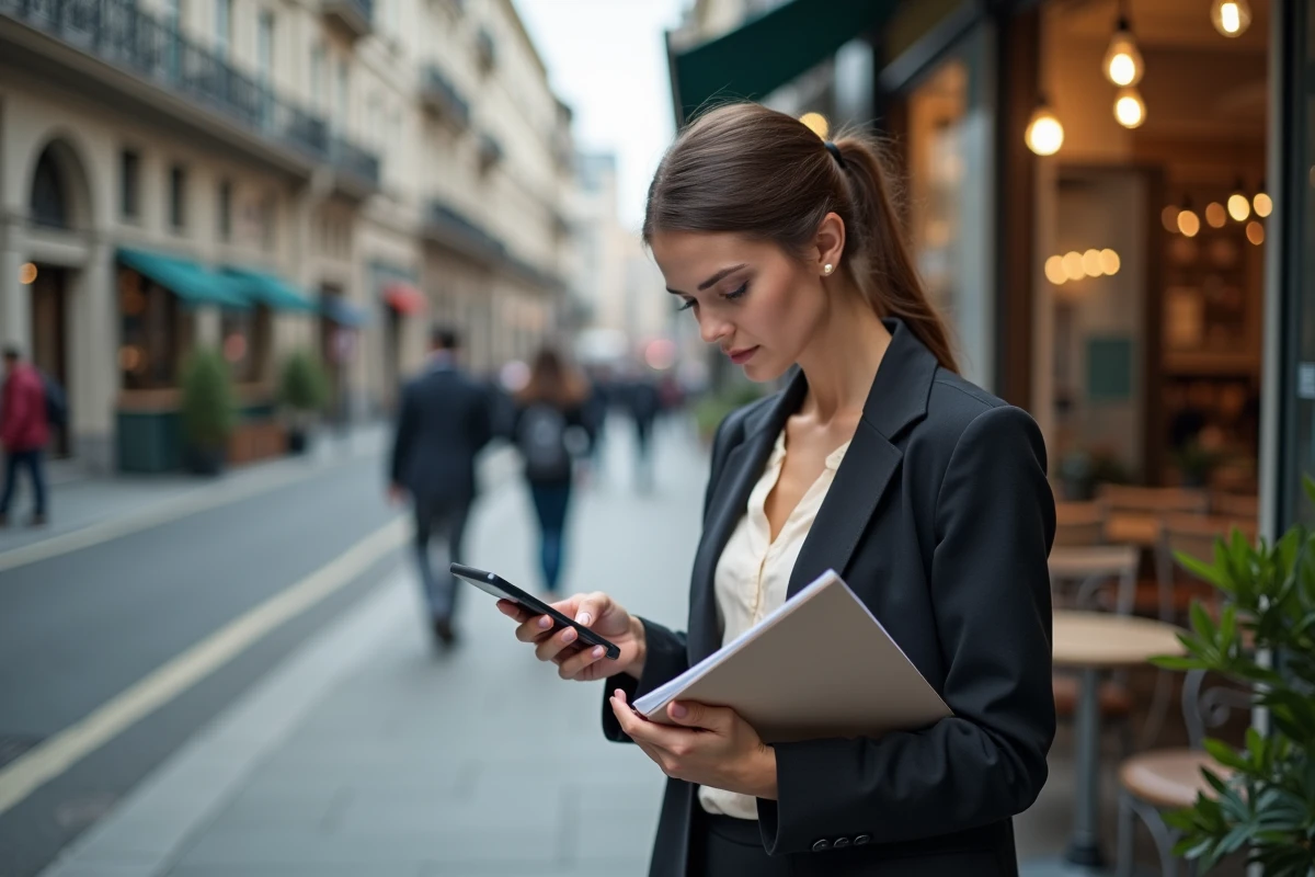 Femme d affaires vérifiant des informations avec smartphone et dossier