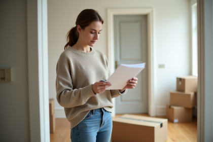 Femme vérifiant une checklist dans un appartement lumineux