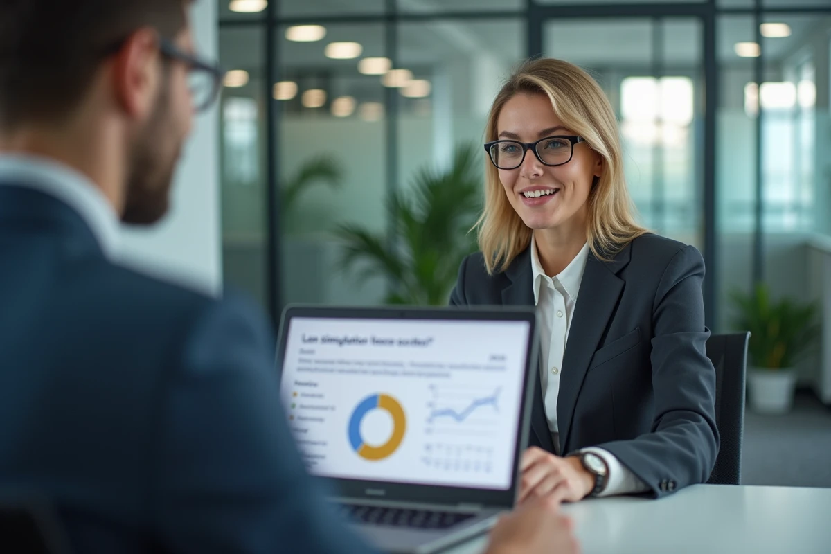 Femme cadre en rendez-vous bancaire pour négocier un taux de crédit sur 25 ans