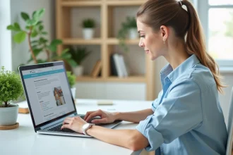 Femme consultant son espace personnel myfoncia.com sur un ordinateur portable dans un bureau à domicile moderne