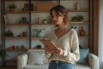 Femme française examinant un salon moderne et chaleureux