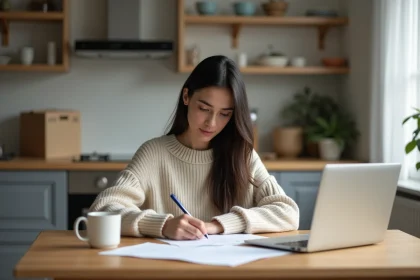 Femme concentrée remplissant un contrat d'électricité à la maison