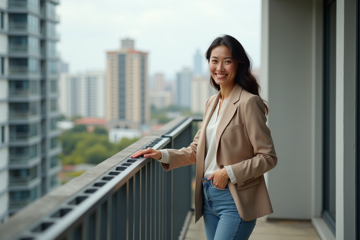 Femme souriante signant un contrat immobilier sur le balcon