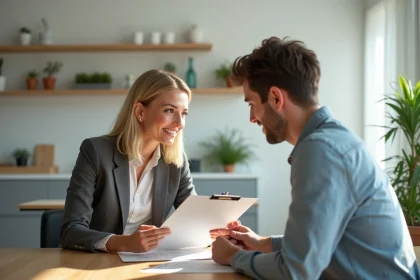 Femme en business casual expliquant un contrat de location