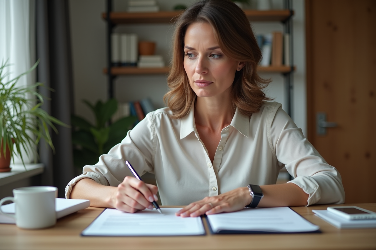 Femme d'âge moyen examinant un contrat de location à la maison