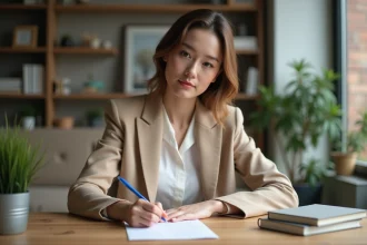 Jeune femme écrivant une lettre à la main dans un appartement moderne