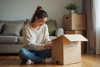 Femme trentenaire organisant des cartons pour déménagement