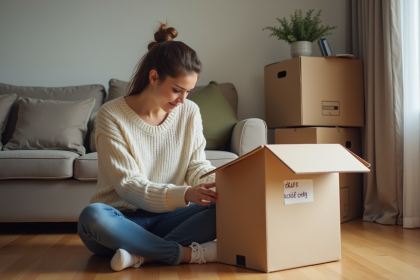 Femme trentenaire organisant des cartons pour déménagement