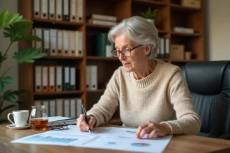 Femme d'une cinquantaine d'années étudiant un simulateur viager sur tableur Excel avec des documents immobiliers sur un bureau en bois