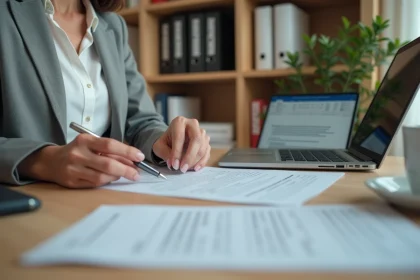 Femme gestionnaire de copropriété révisant un pré-état daté vierge imprimé à son bureau à domicile