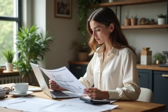 Jeune femme en intérieur avec plans et ordinateur