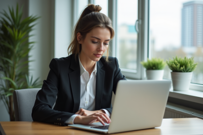 Jeune femme d'affaires regardant des annonces immobilières
