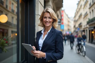 Femme d'affaires à Lyon tenant une tablette immobilière