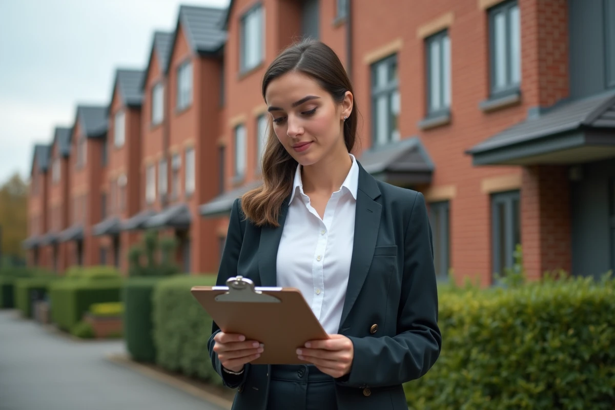 Jeune femme inspecte un dossier immobilier devant des bâtiments résidentiels