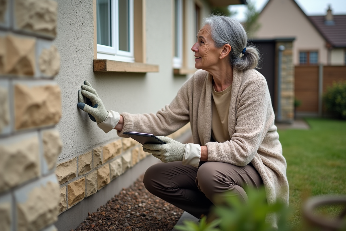 Femme âgée inspectant une façade isolée de la maison