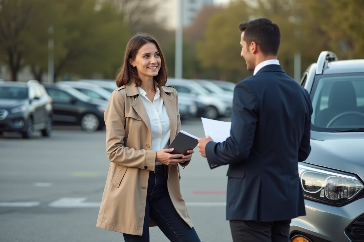 Femme en trench négociant avec agent immobilier dans parking